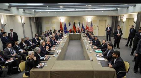 Representatives of world powers meet to pin down a nuclear deal with Iran, on Monday March 30, 2015, in Lausanne, Switzerland.