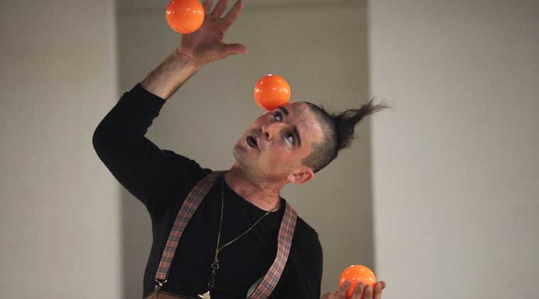 Argentine Israeli Solo Circus performer Edgar Grill performs at the Instituto Cervantes in New Delhi on Monday. (Source: Express Photo by Tashi Tobgyal)