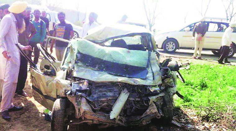 The damaged car near Mullanpur. (Source: Express photo)