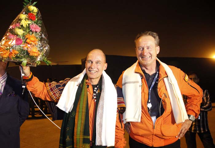 Solar Impulse, Solar Impulse 2, a solar-powered airplane, Bertrant Piccard, Switzerland, Ahmedabad, India, round-the-world journey, Muscat, Oman, Andre Boschberg, aviation, solar impulse plane, solar impulse 2 aircraft, solar impulse 2 speed, science, Nation, India News, National News