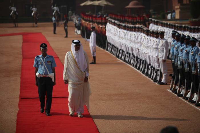 Qatar, Emir Sheikh Tamim Bin Hamad, India, Ceremonial reception, Rashtrapati Bhavan, New Delhi, Express Photo, Narendra Modi, Prime Minister Narendra Modi, PM Modi, Sushma Swaraj, Sushma, External Affairs Minister, External Affairs Ministry, India news, Nation news, Qatar news, News