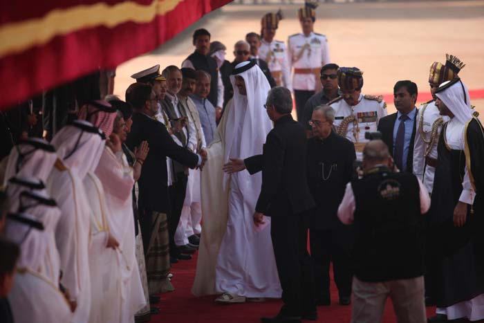Qatar, Emir Sheikh Tamim Bin Hamad, India, Ceremonial reception, Rashtrapati Bhavan, New Delhi, Express Photo, Narendra Modi, Prime Minister Narendra Modi, PM Modi, Sushma Swaraj, Sushma, External Affairs Minister, External Affairs Ministry, India news, Nation news, Qatar news, News