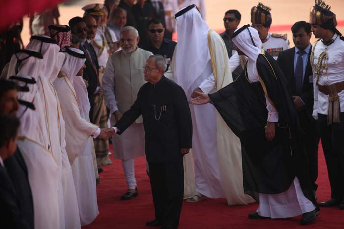 Qatar, Emir Sheikh Tamim Bin Hamad, India, Ceremonial reception, Rashtrapati Bhavan, New Delhi, Express Photo, Narendra Modi, Prime Minister Narendra Modi, PM Modi, Sushma Swaraj, Sushma, External Affairs Minister, External Affairs Ministry, India news, Nation news, Qatar news, News