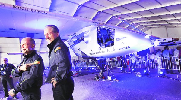 Solar Impulse-2 pilots Bertrand Piccard and Andre Borschberg in Ahmedabad on Wednesday.(Express photo by Javed Raja)