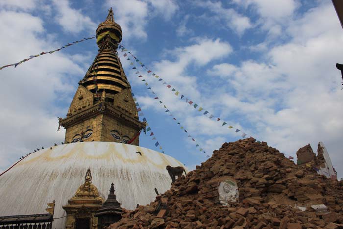 The iconic Swayambhunath stupa in Kathmandu was relatively lucky in the aftermath of the devastating Nepal earthquake. (Source: Express photo by Abhimanyu Chakravorty)