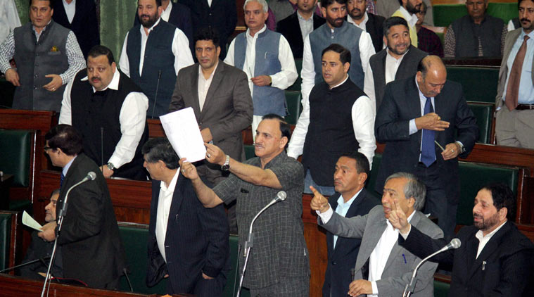 Opposition MLAs create ruckus during budget session in the Legislative Assembly in Jammu on Tuesday. (Source: PTI)