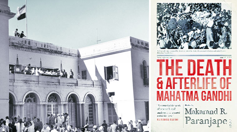 Mahatma Gandhi’s body on the terrace of Birla House, as mourners wait below (right); book cover