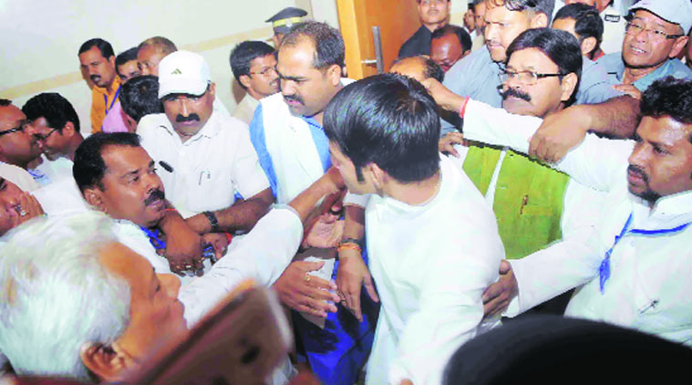 Lalu Prasad’s eldest son Tej Pratap Yadav had a scuffle with party workers Sunday while he was entering the venue of the party’s meet.
