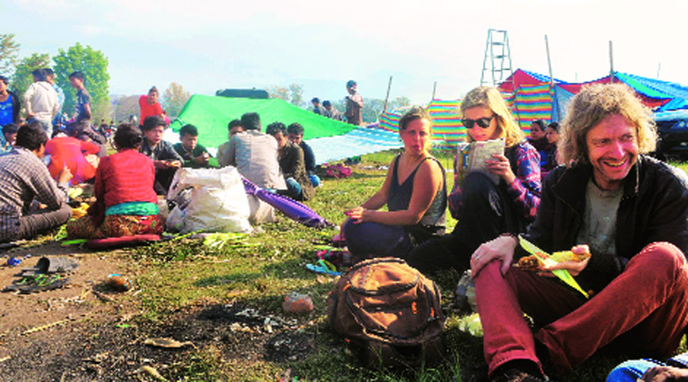 Russians Dixie Dmitri, Natalia and Tania camp in  Kathmandu. (Source: IE photo by Prashant Ravi)