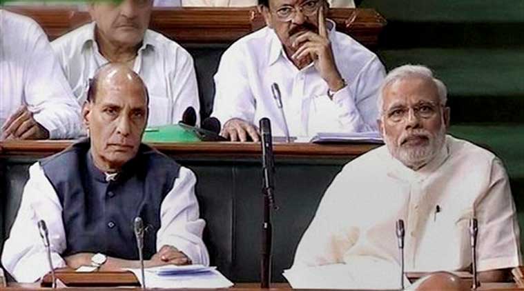  Prime Minister Narendra Modi and Home Minister Rajnath Singh in the Lok Sabha in New Delhi on Thursday. (Source: PTI)