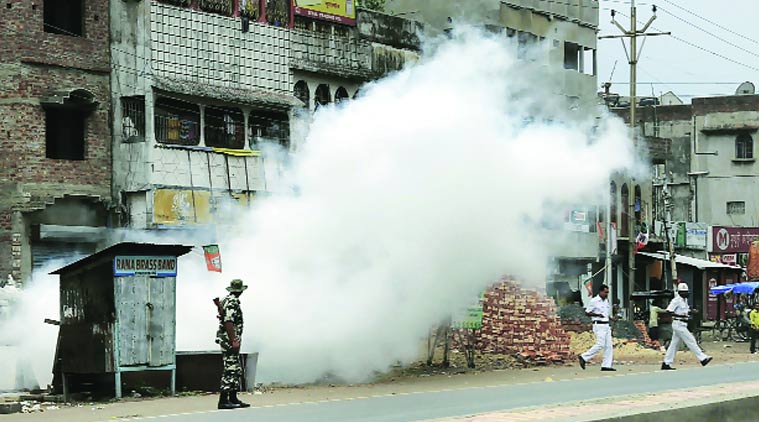 An explosion near a polling booth at Titagarh on Saturday.(Express photo)