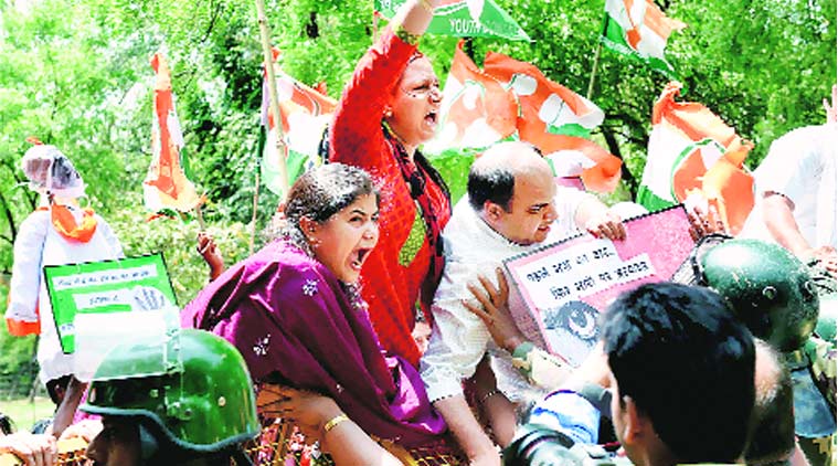 Congress workers protest near the residence of MP Harsimrat Kaur Badal in New Delhi on Friday. (Source: PTI)