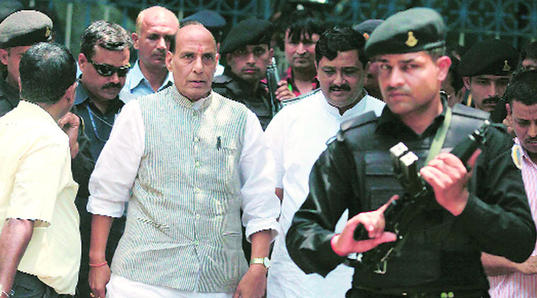Rajnath Singh was in Jammu in connection with BJP’s countrywide “Jan Chetna Parv’’, organised to highlight achievements of the Narendra Modi government during its first year in power.(Source: Express photo)