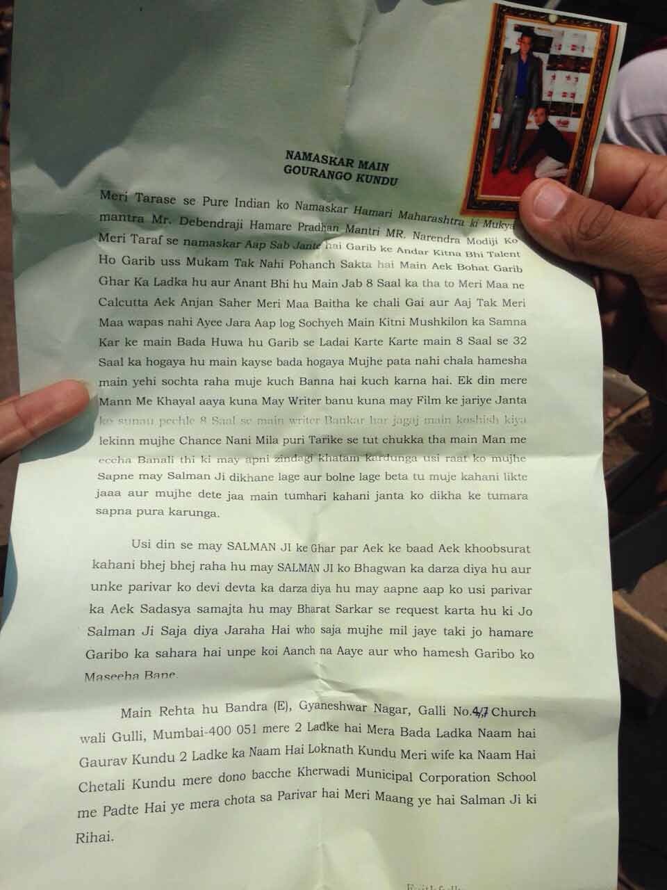 A suicide letter of Salman Khan's fan who attempted suicide outside the court today