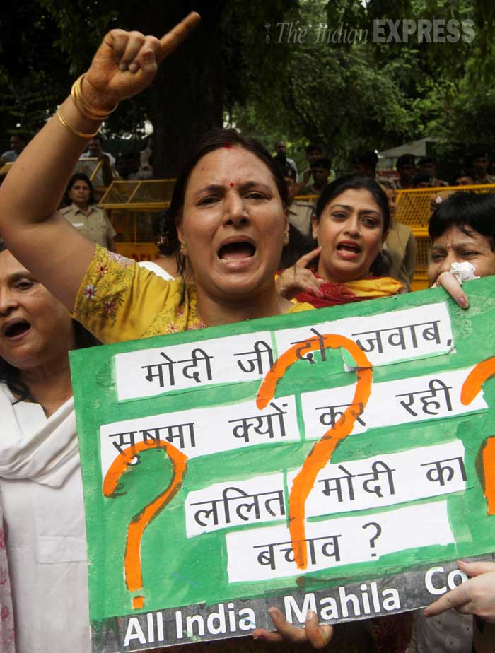 sushma swaraj, Vasundhara Raje, sushma swaraj lalit modi, lalit modi, vasundhara raje lalit modi, Lalit modi documents, Sushma swaraj helping Lalit modi, Congress protest, Congress on Sushma Lalit, Congress protest Sushma residence, Sushma resignation, lalit modi travel documents, lalit modi travel papers, india news, top stories, latest news