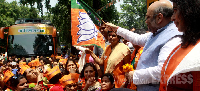 Amit Shah, BJP, Bhartiya Janta Party, Vijaya Rahatkar, Saroj pandey, Naari Samman Yatra, Jan Dhan Yojana, Beti Bachao Beti Padhao, Naari Samman Yojana, Himmat App, increasing Nirbhaya fund, Amit Shah News, Delhi News