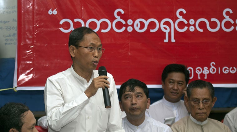 Ko Ko Gyi, a leader of Myanmar Prominent 88 Generation Students Group, talks to journalists during a press conference along with Tin Oo, right, a senior leader of Myanmar Opposition Leader Aung San Suu Kyi's National League for Democracy Party, Min Ko Naing, center, and Pyone Cho, left, leaders of their 88 Students Group, at NLD Headquarters Wednesday, May 27, 2015, in Yangon, Myanmar. (Source: AP Photo/Khin Maung Win)