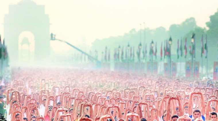 Participants of International Yoga Day during the full dress rehearsal for the event on Friday. (Source: Express photo by Ravi Kanojia)