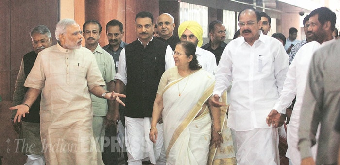 Narendra Modi, Venkaiah Naidu, Vasundhara Raje, Lalit Modi, Rajnath Singh, K C Venugopal, Sumitra Mahajan, Ram Gopal Yadav, Satish Mishra, Gulam Nabi Azad, Shivraj Singh Chouhan, Sharad Yadav, Ram Vilas Paswan, Rajiv Pratap Rudy, Mukhtar Abbas Naqvi, monsoon session, parliament session, all party meeting, parliament modi, narendra modi, modi parliament session, india news, modi news, parliament modi, parliament meeting