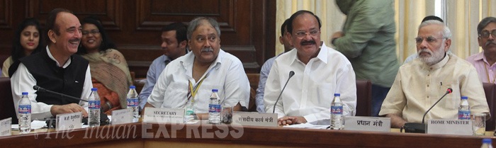 Narendra Modi, Venkaiah Naidu, Vasundhara Raje, Lalit Modi, Rajnath Singh, K C Venugopal, Sumitra Mahajan, Ram Gopal Yadav, Satish Mishra, Gulam Nabi Azad, Shivraj Singh Chouhan, Sharad Yadav, Ram Vilas Paswan, Rajiv Pratap Rudy, Mukhtar Abbas Naqvi, monsoon session, parliament session, all party meeting, parliament modi, narendra modi, modi parliament session, india news, modi news, parliament modi, parliament meeting