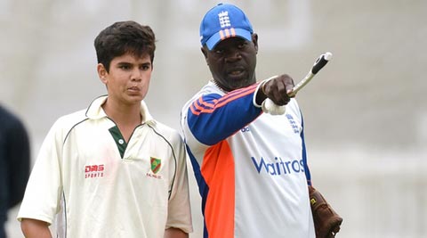 Arjun Tendulkar bowls to the England cricket team at Lord’s