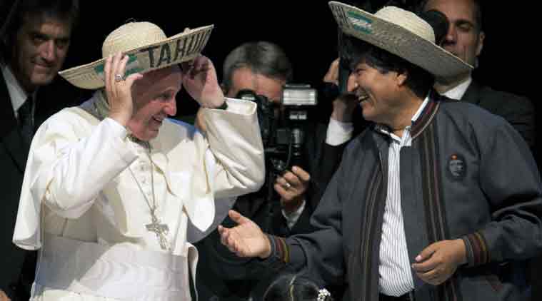 Pope, Pope Francis, Bolivia, Vatican, Pope in Bolivia, Pope Francis Bolivia, Evo Morales, Bolivia President, Bolivia President meets pope, bolivia president pope francis, evo morales pope francis, bolivia morales pope francis, bolivia news, pope news, vatican news, world news, indian express