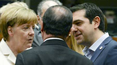 German Chancellor Angela Merkel, left, speaks with French President Francois Hollande, center, and Greek Prime Minister Alexis Tsipras during a meeting of eurozone heads of state at the EU Council building in Brussels on Sunday, July 12, 2015. (AP Photo)