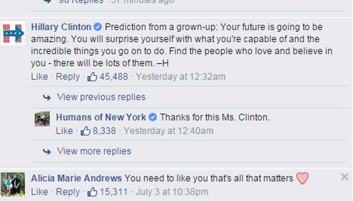 Humans of New York, HONY Facebook page, HONY gay teen photo, Hillary Clinton, Hillary Clinton comment on Humans of New York gay teen's picture, Hillary Clinton comment on HONY, Hillay Clinton HONY photo, Hillary Clinton photo comment, Gay rights, Homosexuality, Social Media, Facebook, Social media news, Facebook news