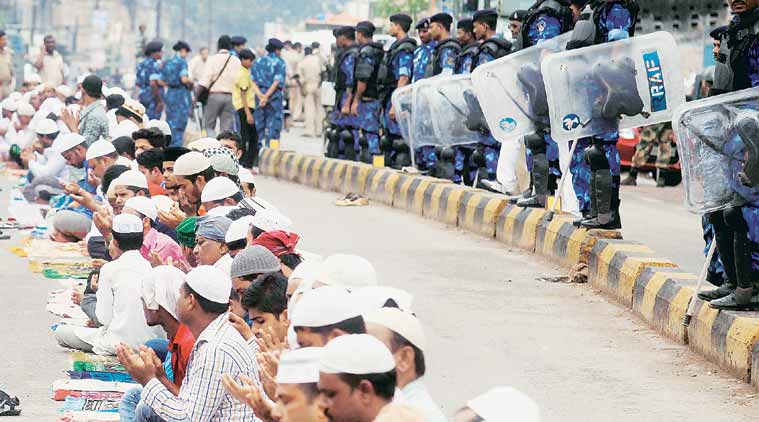 Security forces in Mango, Jamshedpur, which witnessed communal tension. (Source: Express photo by Partha Paul)