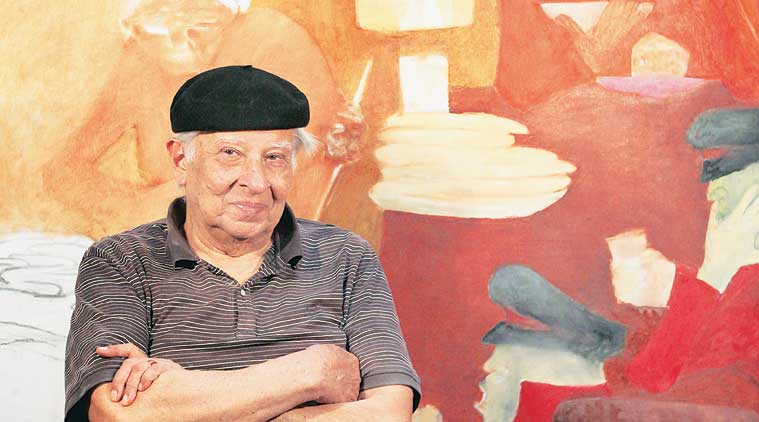 Krishen Khanna at his studio in Gurgaon. The artist works through the day, and is revisiting old themes in his new canvases