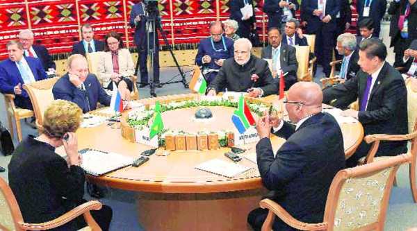 (Clockwise from centre) Prime Minister Narendra Modi, Chinese President Xi Jinping, South African President Jacob Zuma, Brazilian President Dilma Rousseff and Russian President Vladimir Putin at the 7th BRICS Summit in Ufa, Russia. (source: Reuters)