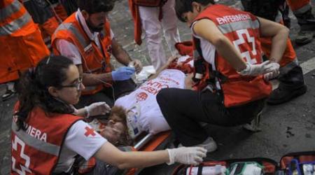 Spain bull running, San Fermin Festival, Spain bull festival, Pamplona bull festival, Pamplona bull gored, Pamplona bull injured, bull gored patients, Spain Red cross, Spain news, Europe news, world news, international news