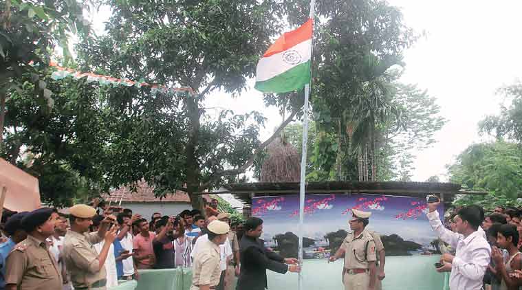 At the flag hoisting ceremony at Poatur Kuthi village, which was previously a Bangladeshi enclave in India. (Express Photo by Partha Paul)