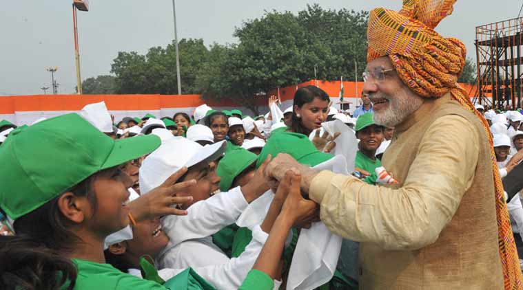 Prime Minister Narendra Modi interacts with school children at Red Fort. PIB Image