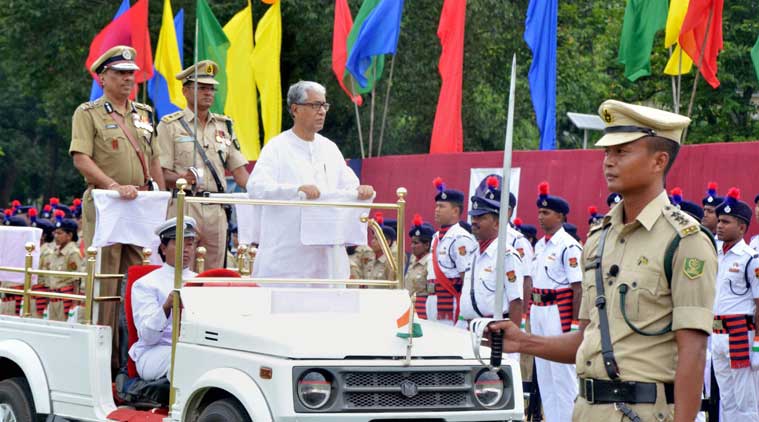 Tripura Chief Minister Manik Sarkar inspects the parade during the celebration of 69th Independence Day in Agartala, on Saturday. (Source: PTI Photo)