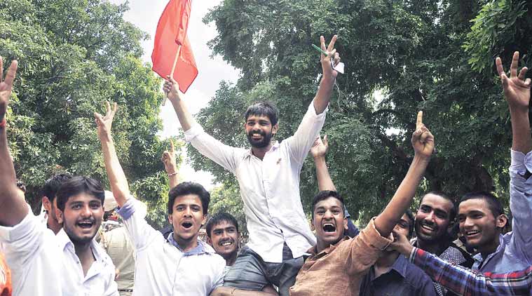 Sombir Grewal (centre) after winning the elections at Post Graduate Government College, Sector 11, Chandigarh, on Wednesday. (Source: Express photo by Sahil Walia)
