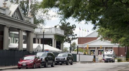 An area is closed off following a shooting at the Muzik nightclub on the Exhibition Place grounds in Toronto, Tuesday, Aug. 4, 2015. The shooting started at the nightclub event hosted by rapper Drake and then spilled outside onto the streets, police said. It wasn’t clear if Drake was present during the shooting. (Bernard Weil/The Toronto Star/The Canadian Press via AP)