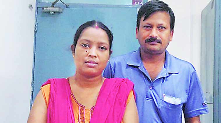Kidney patient Sona Patowary with her husband in Chandigarh.  Express 