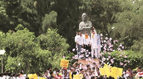 NSUI candidate Pardeep Vijayran campaigns for DUSU elections at Arts Faculty, north campus in Delhi on Sept 1st 2015. Express photo by Ravi Kanojia.
