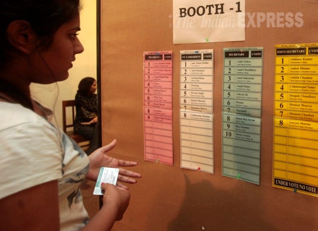 DUSU, DUSU Election, DUSU Voting, Du Polling, DU Election, DUSU election 2015, DUSU voting Poll, DUSU Election candidates, DUSU poll booth, Delhi University, Jawaharlal Nehru University, JNSU, DU Students union, Secretary, joint Secretary, JNUSU Central Panel, president, vice-president, general secretary, DUSU news, Delhi University News, DU Election news