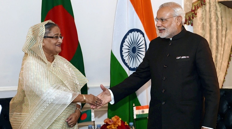 Prime Minister Narendra Modi shakes hands with his Bangladeshi counterpart Sheikh Hasina Wazed during a meeting in New York (Representational Image). (PTI Photo)