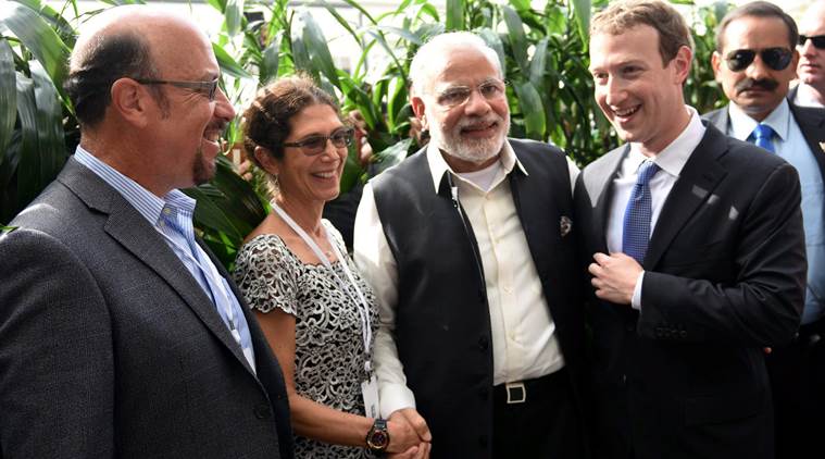 RETRANSMITED ON DATE 28-9-2015----California: Prime Minister Narendra Modi with parents of CEO of Facebook, Mark Zuckerberg in California on Sunday. PTI Photo by Subhav Shukla (PTI9_27_2015_000336B)