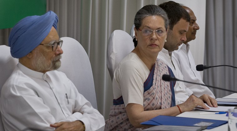 Congress president Sonia Gandhi with former PM Manmohan Singh and Vice President Rahul Gandhi at the CWC meeting in New Delhi (PTI photo)