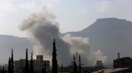 Smoke rises after a Saudi-led airstrike in Sanaa, Yemen, Tuesday, Sept. 22, 2015. (AP Photo/Hani Mohammed)