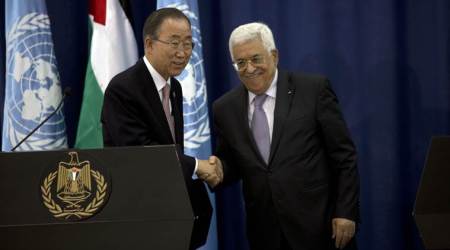 Palestinian President Mahmoud Abbas, right, shakes hands with U.N. Secretary-General Ban Ki-moon during a press conference in the West Bank city of Ramallah, Wednesday, Oct. 21, 2015. U.N. Secretary-General Ban Ki-moon called for calm during a surprise visit to Jerusalem on Tuesday ahead of meetings with Israeli and Palestinian leaders, in a high-profile gambit to bring an end to a monthlong wave of violence. (AP Photo/Majdi Mohammed)