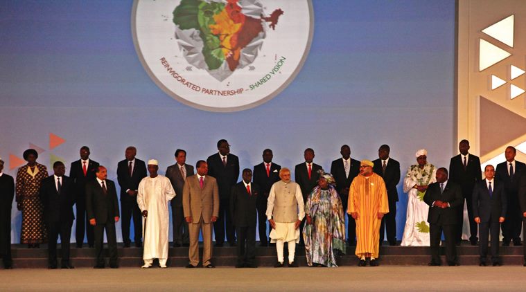 Indian Prime Minister Narendra Modi, talks to African Union Commission chairperson Nkosazana Dlamini-Zuma, as other African leaders look upon the India Africa Forum Summit in New Delhi, India, Thursday, Oct. 29, 2015. More than 40 African leaders are in New Delhi to attend the IAFS 2015. (Express photo by Renuka Puri)