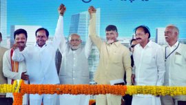 PM Narendra Modi with Andhra Pradesh CM N Chandrababu Naidu during the Foundation Ceremony of Amravati, the new capital of Andhra Pradesh. (File photo)