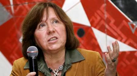 In this photo taken on Tuesday, Sept. 16, 2014, Belarusian journalist Svetlana Alexievich speaks in Minsk, Belarus. Belarusian writer Svetlana Alexievich won the Nobel Prize in literature Thursday, Oct. 8, 2015, for works that the prize judges called "a monument to suffering and courage." (AP Photo/Sergei Grits)
