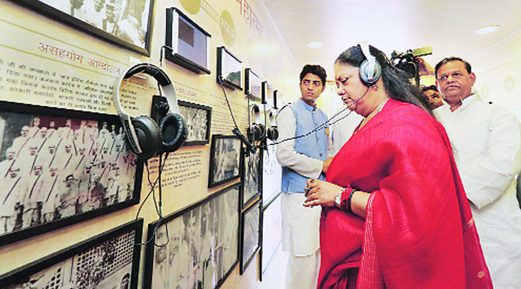 Raje at the exhibition in Jaipur on Tuesday. (PTI photo)