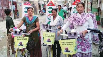 Saroj Devi, Nitish nishchay, bicycle campaign, Nitish kumar, bihar polls, bihar elections, bihar polls 2015, , nitish kumar campaign, women campaign for nitish, bihar polls, bihar elections, bihar polls 2015, politics news, nation news, india news